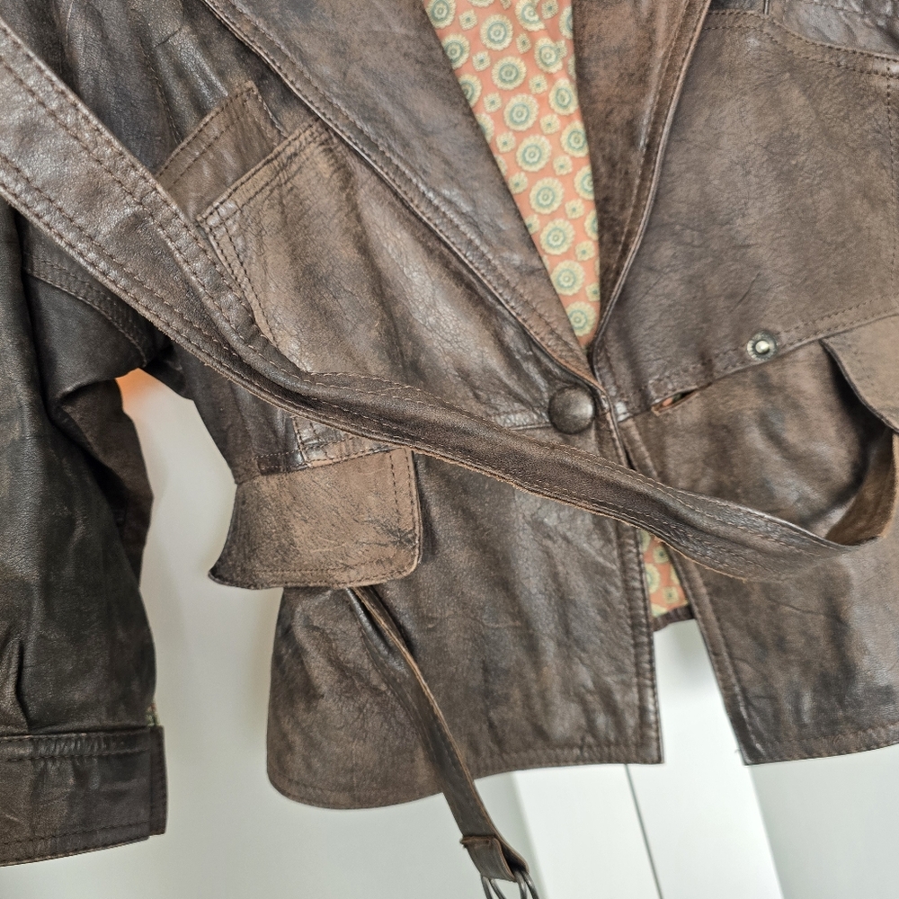 Winlit Vintage Leather Jacket Brown Cropped 80s Style Genuine Made in Korea M - Picture 14 of 17